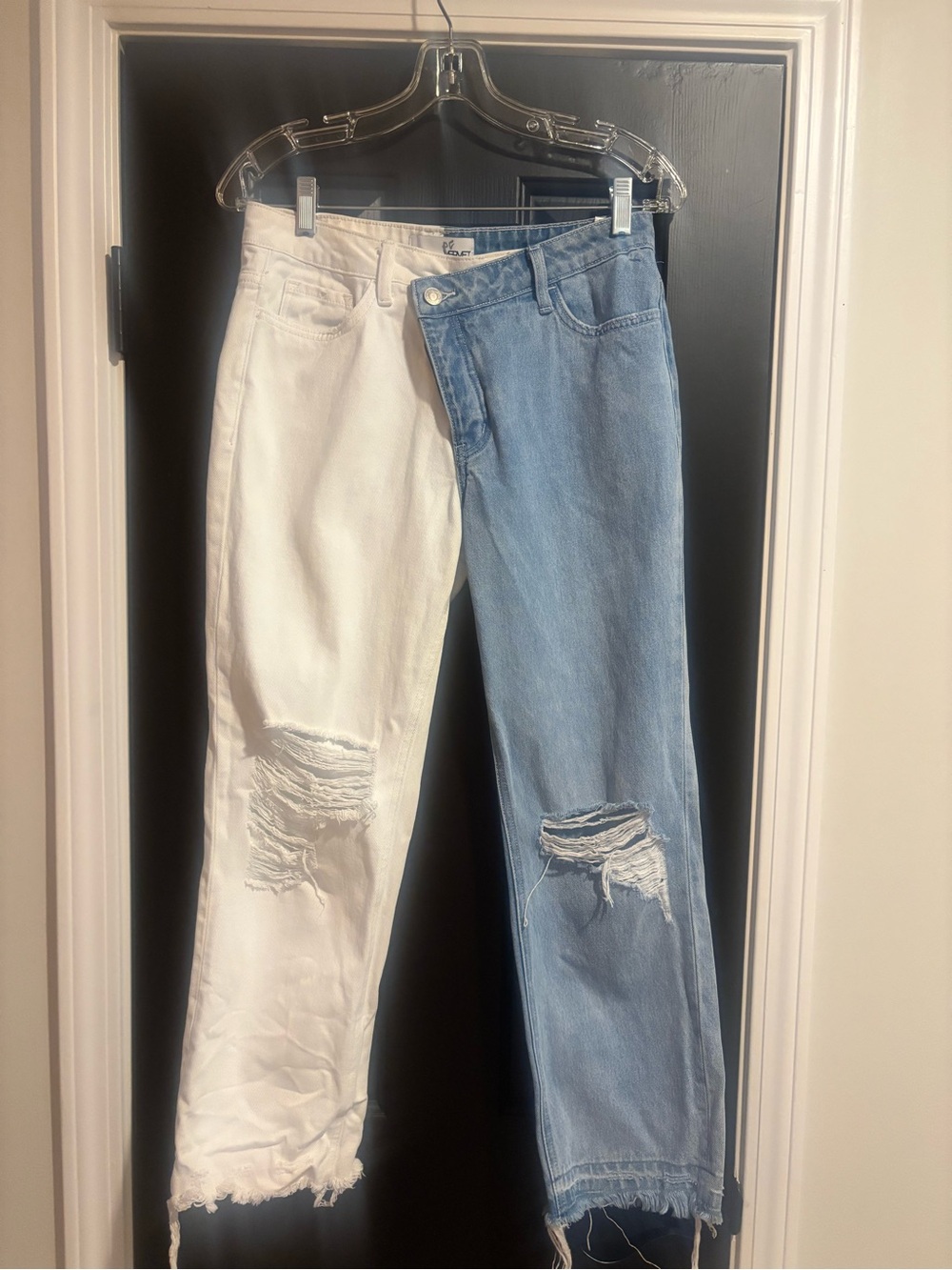 VERVET BY FLYING MONKEY Two-Tone Straight Leg Jeans — White & Light Blue